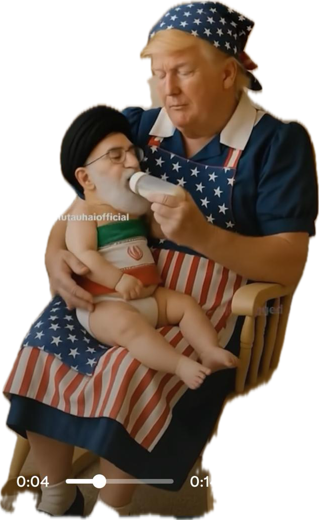Iranian propaganda meme showing Trump in American flag apron bottle-feeding baby Khamenei wrapped in Iranian flag
