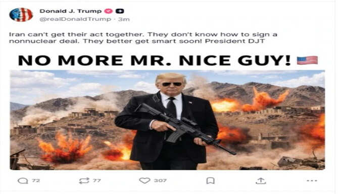 Trump AI-generated image holding machine gun with explosions, captioned NO MORE MR. NICE GUY