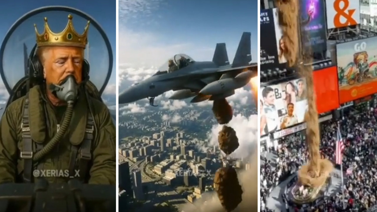 Trump AI-generated video showing him wearing crown in fighter jet dropping feces on American protesters